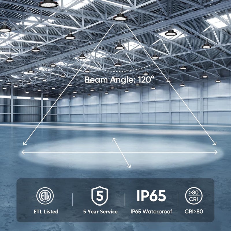 CINOTON 100W UFO LED High Bay Light, Aluminum LED Shop Lights with 15000LM, 5000K Commercial Bay Lighting for Warehouse Garage Workshop Factory Hall, 6' Cable & Safety Rope, ETL Listed 4 Pack - Image 5